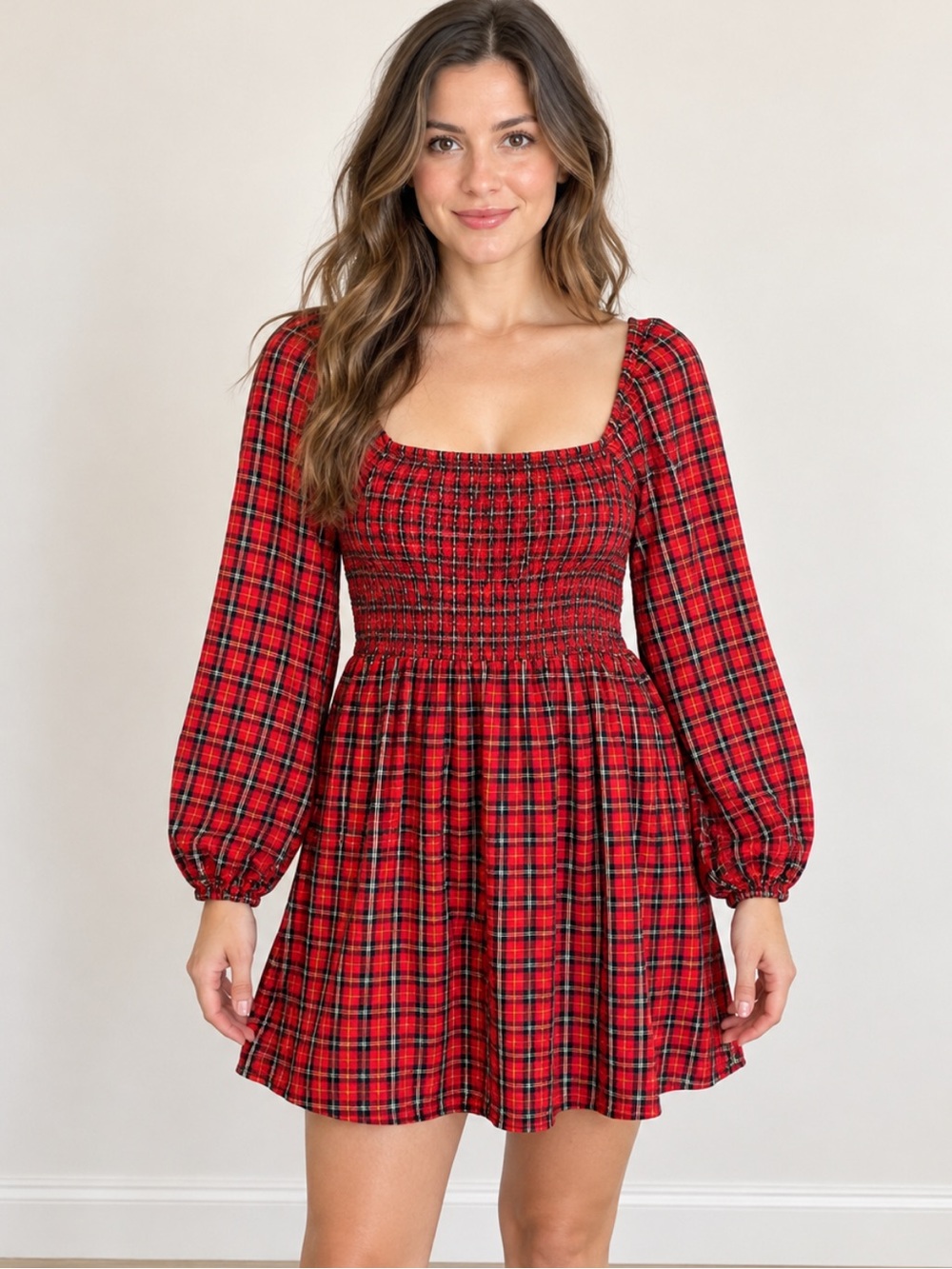 Old Navy Red Plaid Smocked Long Sleeve Mini Dress Size Small